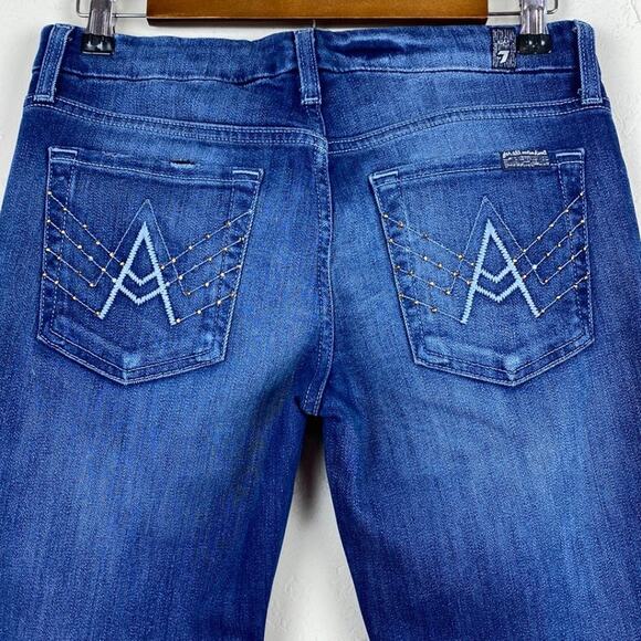 7 For All Mankind 'A' Pocket Dark Wash Low Rise Whiskered Boot Cut Jeans Size 27 - Picture 4 of 9